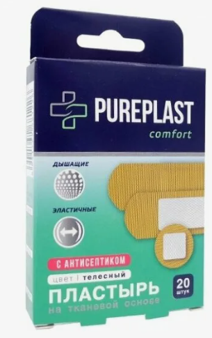 Pureplast Comfort пластырь бактерицидный, пластырь медицинский, тканевая основа, 20 шт.