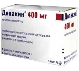 Депакин, 400 мг, лиофилизат для приготовления раствора для внутривенного введения, в комплекте с растворителем, 4 мл, 4 шт.