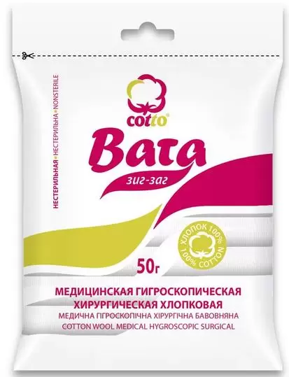 Котто Вата хирургическая Зиг-Заг, нестерильная (ые, ый), 50 г, 1 шт.